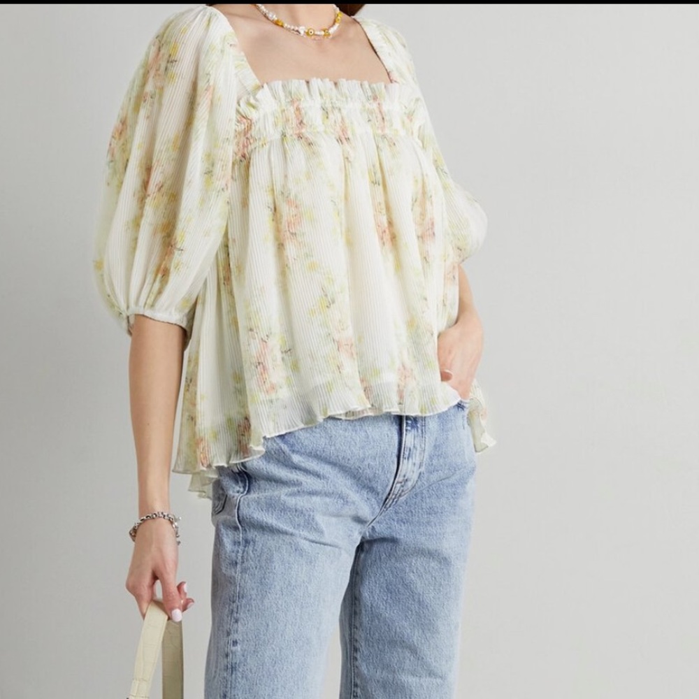 NWT Floral-Print Recycled Plissé-Georgette Blouse Size 40 (US 10)